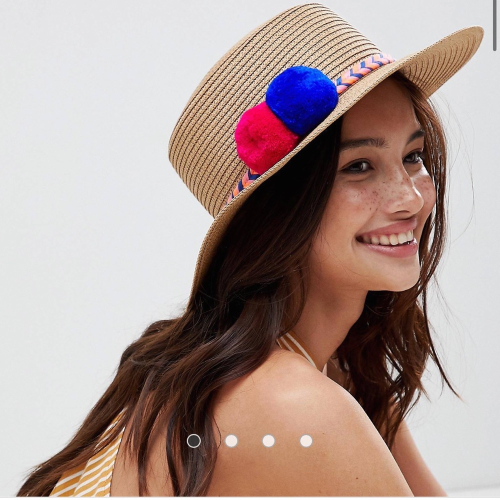 Straw Hat with Pom Pom Detail